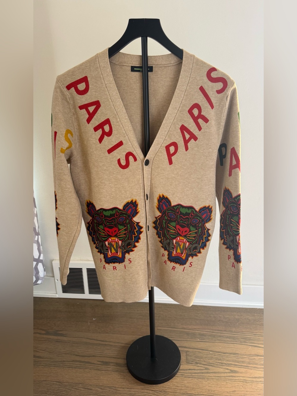 Beige Graphic Cardigan with Red 'PARIS' Text and Multicolor Tiger Embroidery